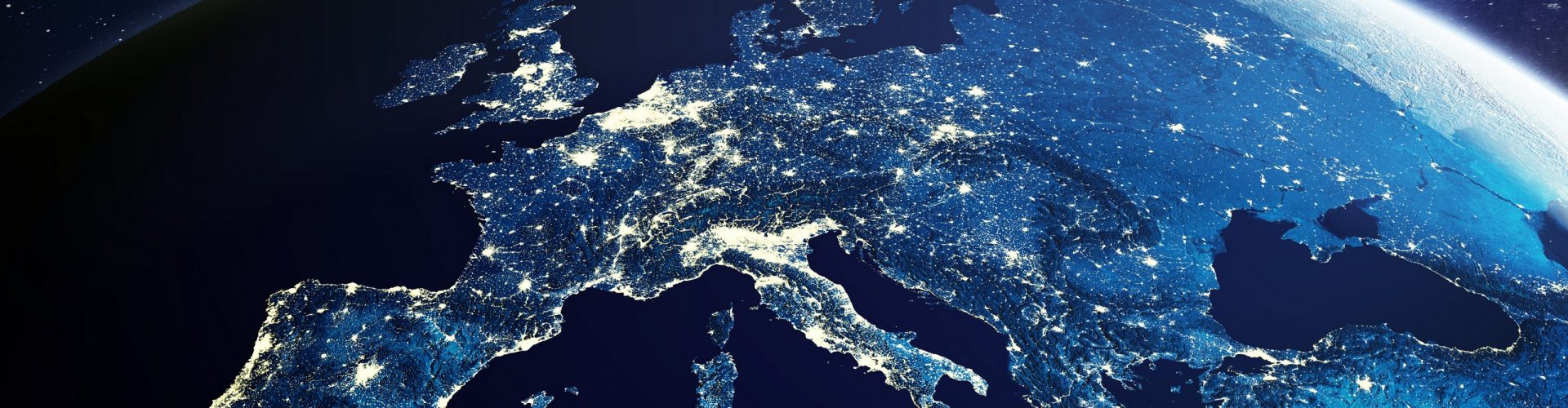 Europe from space at night with city lights showing European cities in Germany, France, Spain, Italy and United Kingdom (UK), global overview, 3d rendering of planet Earth, elements from NASA